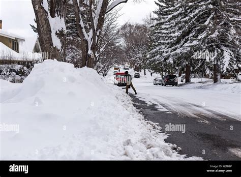 Man shoveling snow after a snowstorm in Flagstaff, Arizona Stock Photo ...