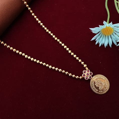 real gold  single lakshmi coin mani mala pendant chain