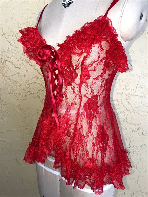 Vintage Babydoll Lingerie Nightie Red Lace Sheer Floral Ruffle Etsy