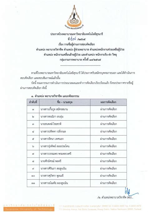 ประกาศรายชื่อผู้ผ่านการสอบคัดเลือก ตำแหน่งพยาบาลวิชาชีพ ตำแหน่งผู้ช่วย