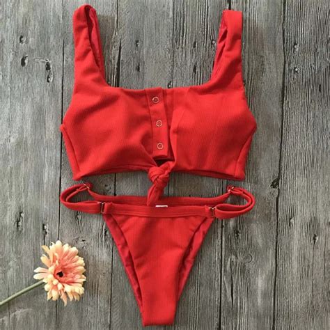 New Solid Low Waist Bikini Tied Crop Top Sexy Swimsuit Women Swimwear