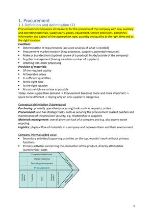 Proc 16 SS Zusammenfassung Procurement 16 Procurement Logistics I