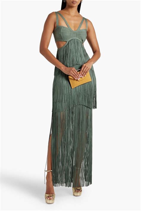 Herv L Ger Cutout Fringed Bandage Maxi Dress The Outnet