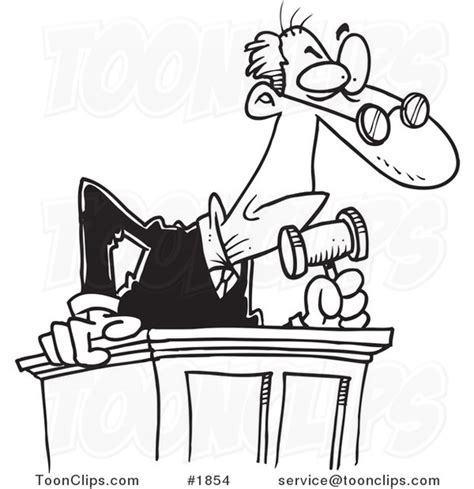 Cartoon Black And White Line Drawing Of A Judge Leaning Over His Desk