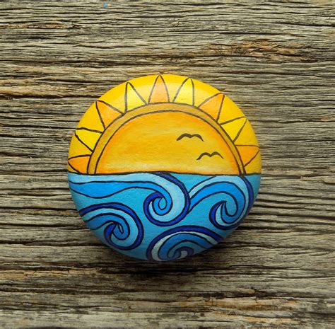 Ocean Sunset Painted Rock Decorative Accent Stone Paperweight Rock