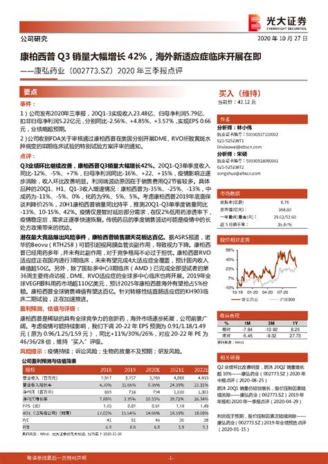 2020年三季报点评：康柏西普q3销量大幅增长42，海外新适应症临床开展在即