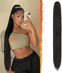 BARSDAR Long Straight Ponytail Extension 34 Inch Drawstring Black