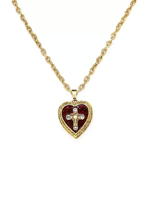 1928 Jewelry 14k Gold Dipped Red Enamel Cross Of Glory Heart Locket