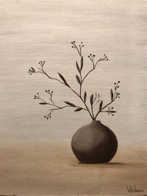 Brown Vase With Twig Branches Oil Painting By Elena Whitman Oil