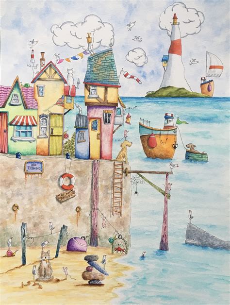 Watercolour Harbour Sold On Ebay By Julia Whimsical Art Naive Art