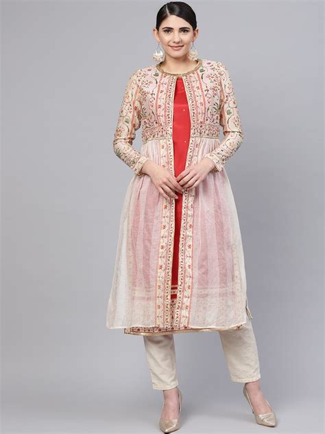 Buy Wishful By W Women Red And Off White Printed Straight Kurta Wuth Ethnic Jacket Kurtas For