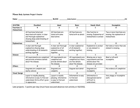 Human Body Systems Project Rubric