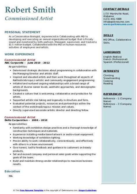 Commissioned Artist Resume Samples QwikResume