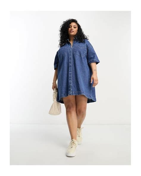 Asos Asos Design Curve Short Sleeve Denim Shirt Dress In Blue Lyst