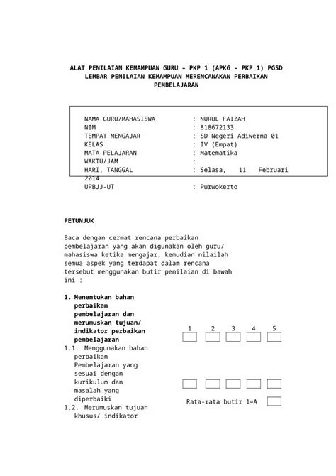 Docx Alat Penilaian Kemampuan Guru Pkp Apkg Pkp Pgsd Lembar