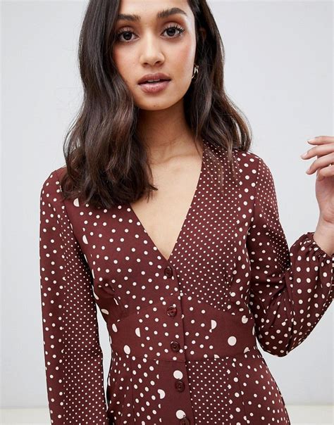 Miss Selfridge Maxi Dress With Blouson Sleeve In Mixed Polka Dot Miss