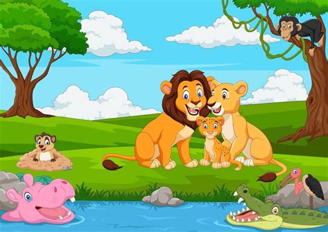 Cartoon lion family in the jungle | Cartoon lion, Lion family, Cartoon