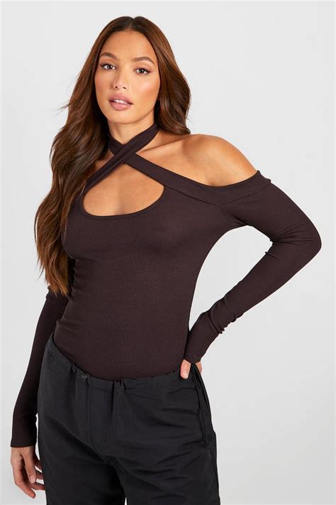 Tall Rib Cut Out Halter Neck Longsleeve Top Boohoo Uk