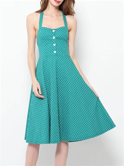 Bowknot Halter Cotton Assorted Colors Polka Dot Printed Skater Dress