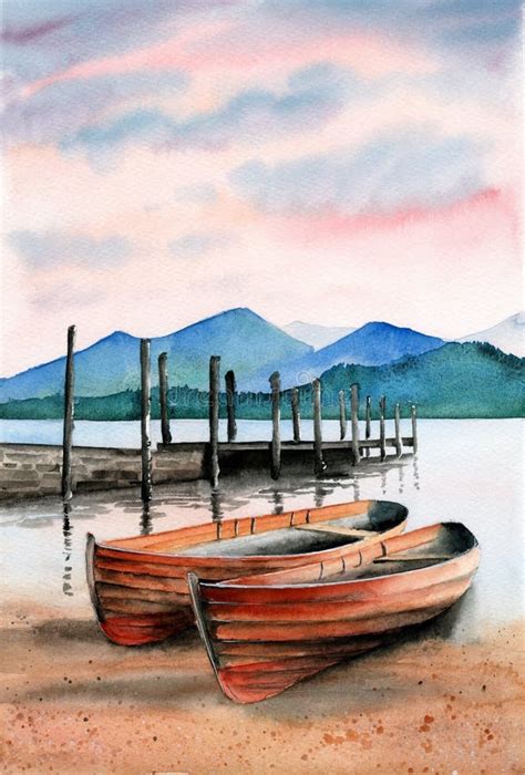 Watercolor Illustration Of Two Wooden Fishing Boats Near A Pier Stock