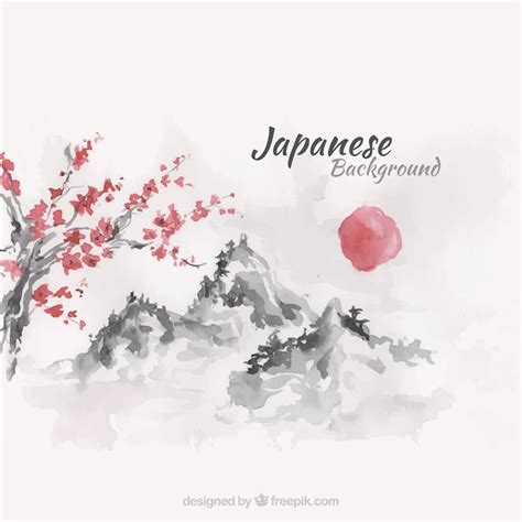 Sunset Japanese Landscape Background In Watercolor Effect Vector Free