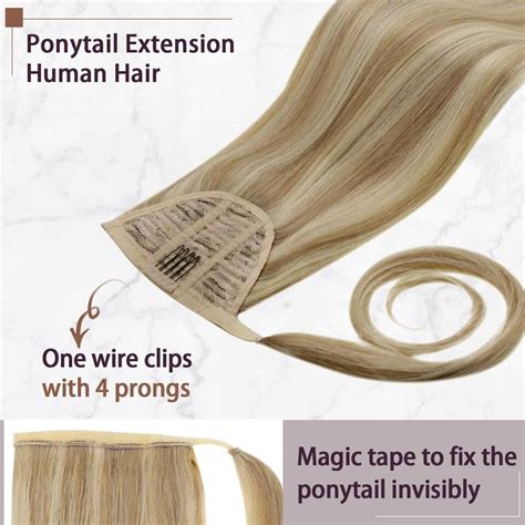 RUNATURE 16 Inch Ponytail Extension Human Hair Blonde Clip In Ponytail