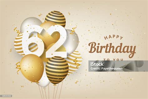 Happy 62th Birthday With Gold Balloons Greeting Card Background Stock