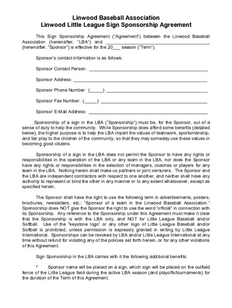 Fillable Online Lba Sign Sponsorship Agreement Form Doc Fax Email Print