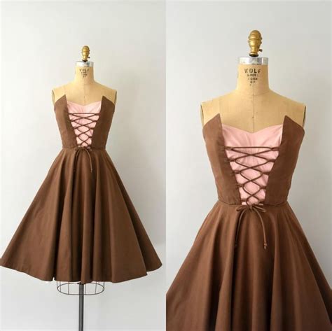 Sold 🍂 Sold Vintage 1950s Dress Brown Cotton With Pink Cotton Bodice Strapless Corset Style