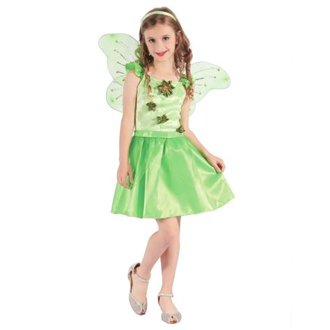 Costume Fée Verte Fille Avec Robe Satinée Et Ailes