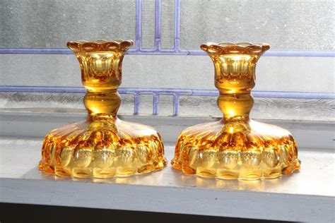 Vintage Amber Glass Candle Holder Pair