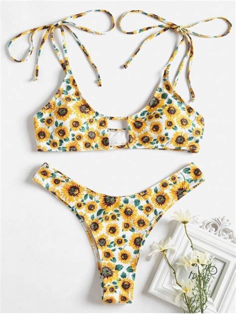 Tie Shoulder Sunflower Keyhole Bikini Floral Print Throughout This