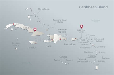 Caribbean Islands Map, Island with Names, Blue White Card Paper 3D ...