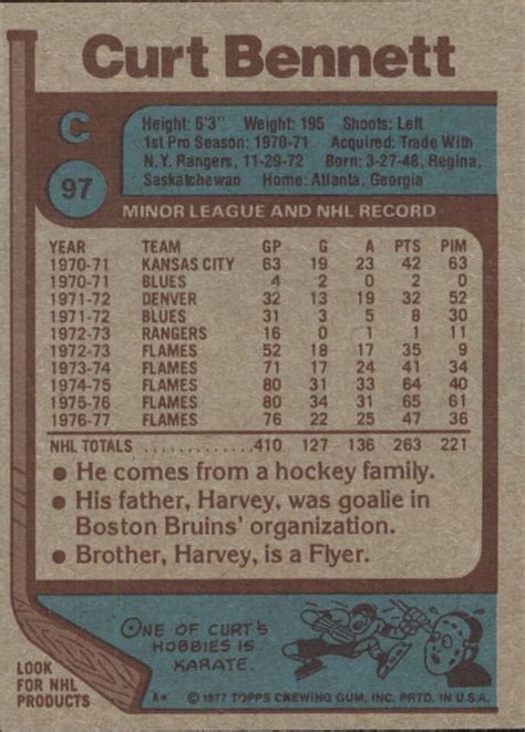 1977 78 Topps Atlanta Flames Hockey Card 97 Curt Bennett NM EBay