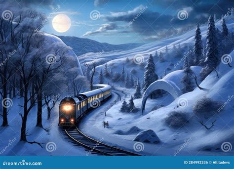 Polar Express Steam Train With Smoking Locomotive Among Winter Enters