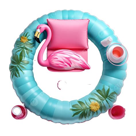 Summer Beach Top View With Beach Chair Hat Inflatable Flamingo Rubber Raft Summer Travel Concept