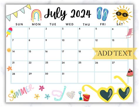 Editable July Summer Calendar Printable July Calendar Etsy