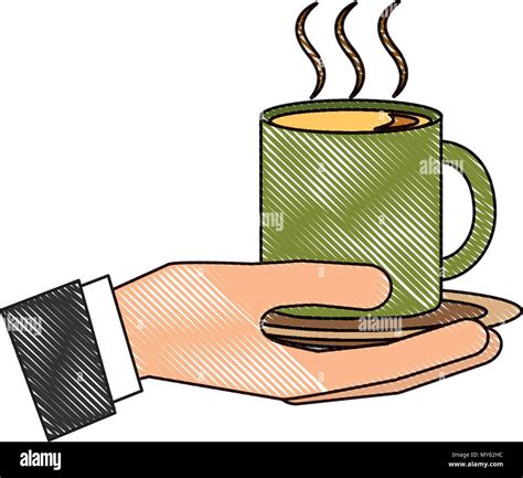 Hand Holding Hot Coffee Cup On Dish Vector Illustration Drawing Stock