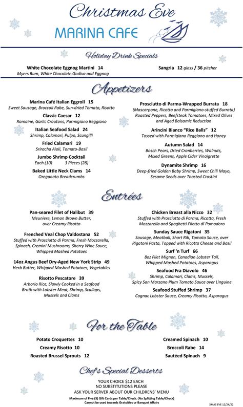 Christmas Eve Menu - Marina Cafe