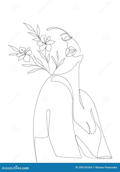 Feminine Woman With Flowers With Minimal Line Art Concept Stock