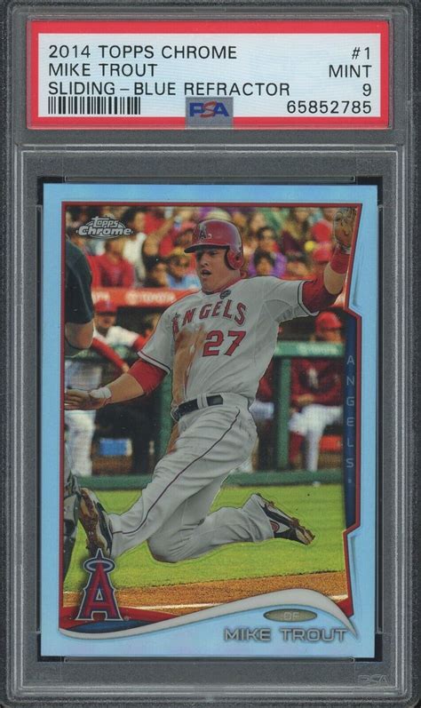 2014 Topps Chrome 1 Mike Trout BLUE REFRACTOR D 199 Sliding PSA 9