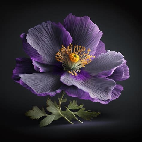 Flor Morada Con Centro Amarillo Sobre Fondo Negro Con Hojas Verdes Ai