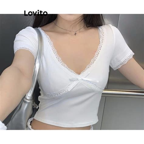 Lovito Women Casual Plain Lace Structure Line Tie Front Soft And