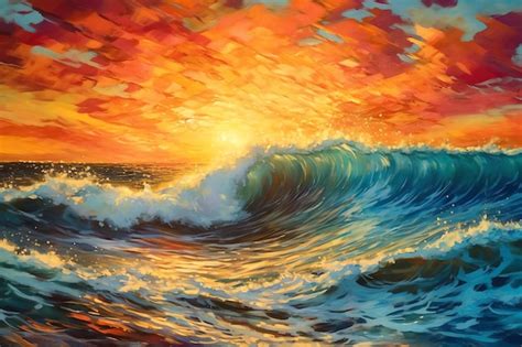 Premium Photo Fiery Sunset Reflected In The Ocean Waves