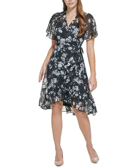 Calvin Klein Womens Floral Print Ruffled Faux Wrap Fit And Flare Dress