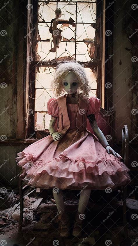 Eerie Twilight Haunting Doll In Abandoned Victorian Mansion Stock