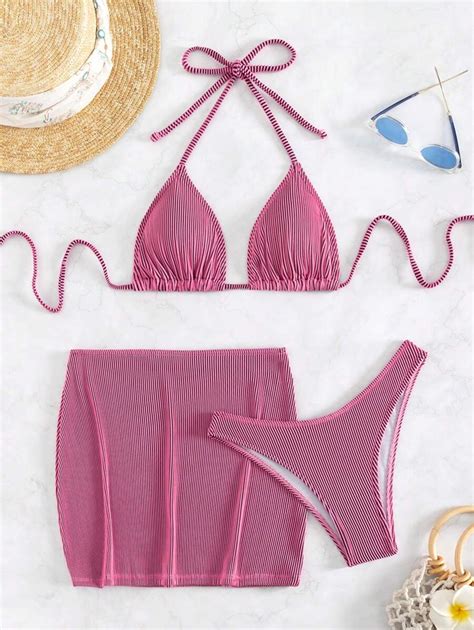 Shein Swim Summer Beach Ribbed Bikini Set Halter Triangle Bra High