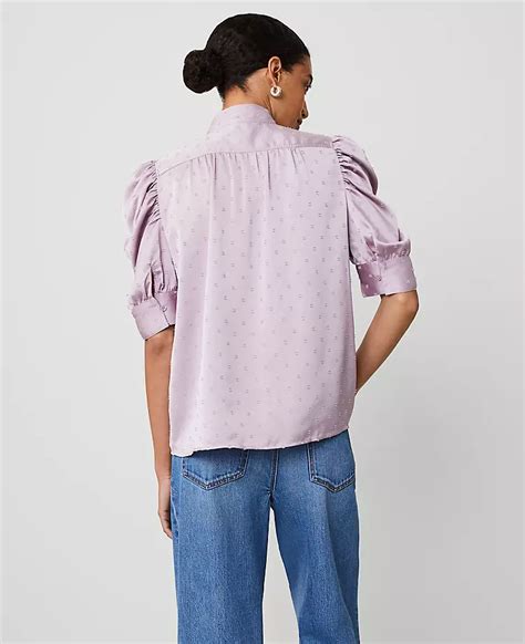 Petite Satin Clip Shirred Puff Sleeve Top