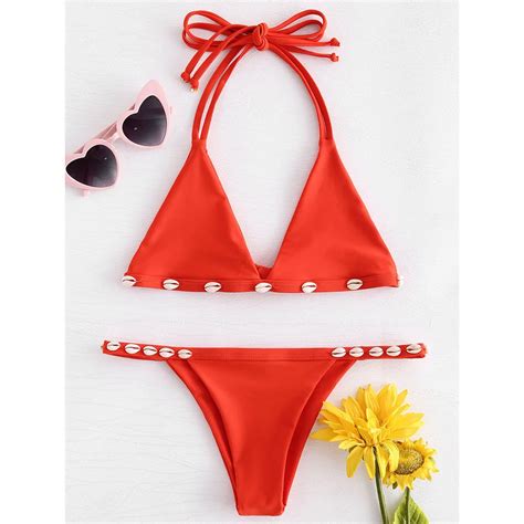 Zaful Shell Bikini Stylish Halter Solid Color With Shell Women Swimsuit