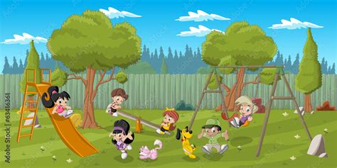 Cute happy cartoon kids playing in playground on the backyard Stock ...